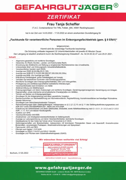 Zertifikat für Fachkunde gem Paragraph 9 EfbV Entsorgungsfachbetrieb