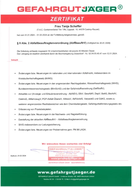 Zertifikat für Fortbildung Paragraph 9 Abfallbeauftragtenverordnung